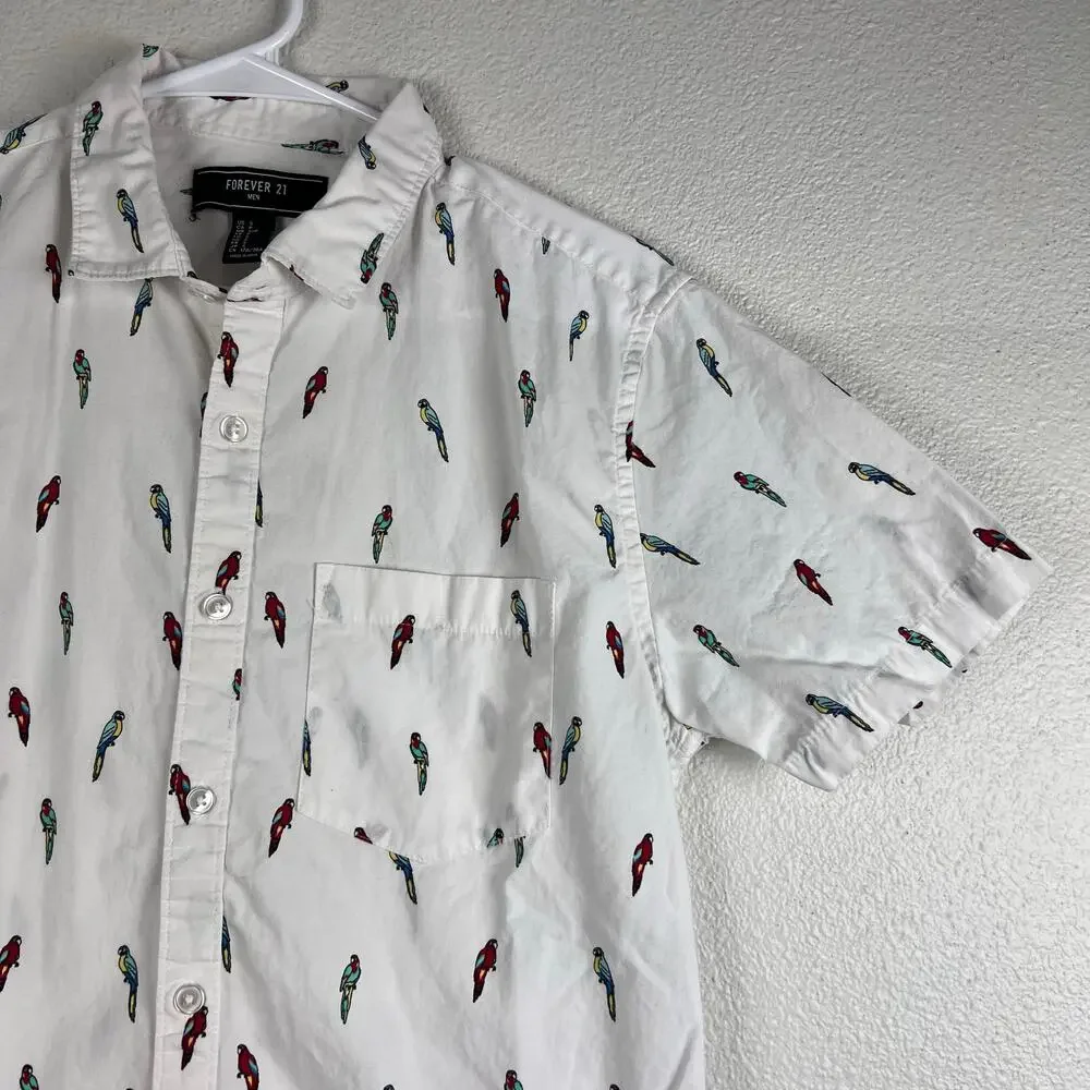 Forever 21 Men White Parrot Print Short Sleeve Button Up Shirt Small - Picture 5 of 8